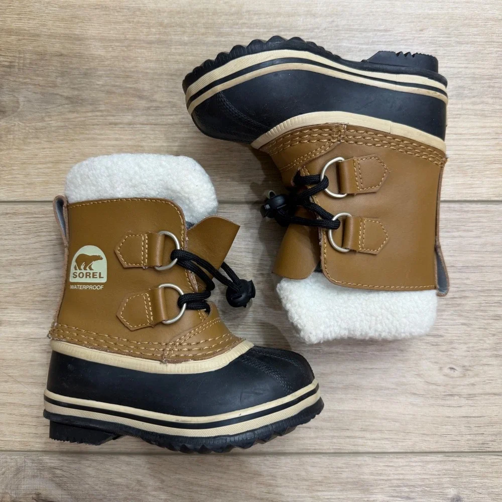 Sorel Yoot Pac Nylon Waterproof Snow Boots Duck Boots Tan Black Kids Size 8